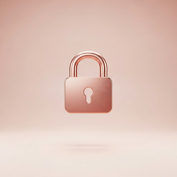 A rose gold padlock with an open shackle floating against a soft pink gradient background from a front viewpoint
