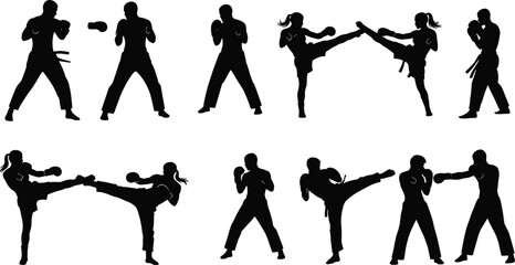 Silhouette collection of martial artists performing karate and kickboxing punches high kicks isolated on white background vector illustration set © MdSoidur