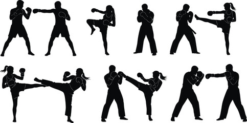 Silhouette collection of male and female martial artists performing karate and kickboxing techniques isolated on white background vector set © MdSoidur