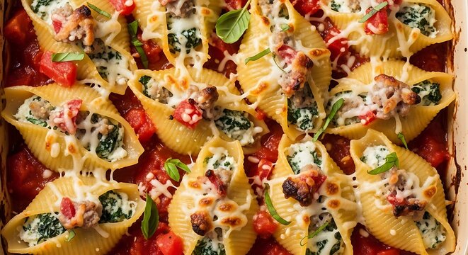 Baked pasta shells filled with cheese and greens sit in tomato sauce.