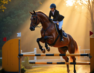 Obraz premium Horse and rider jump yellow barrier in sunlit arena. Equestrian sport competition shows horse talent. Pro training session for showjumping event. Fast equine athlete moves.