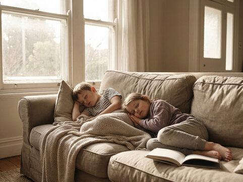 Two young siblings, a boy and a girl, are peacefully napping together on a comfortable couch, covered by a blanket, with a book lying open nearby