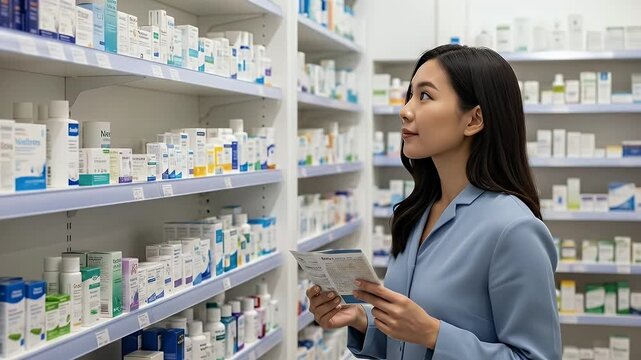 Young Woman Examines Medication in a Pharmacy with Shelves Full of Various Products in White and Blue Tones
