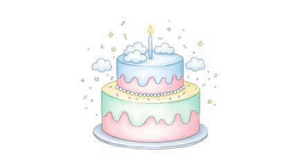 Whimsical pastel birthday cake with candle and clouds illustration