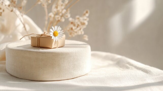 Natural linen podium with kraft box and daisy under twine bow in neutral soft textile background