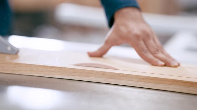 Professional joiner carefully cutting a wooden plank on a circular saw. Close up shot of the hand and the blade in a woodworking shop