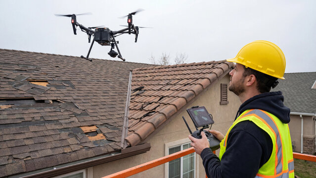 Aerial property assessment using drone technology for construction inspection services, building maintenance documentation, and residential real estate evaluation demonstrating modern surveying method