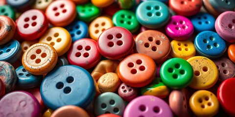 Fototapeta premium Vibrant buttons in various colors and textures, close-up view, assorted buttons, colorful buttons background