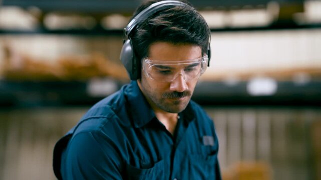 Professional woodworker concentrating on his craft in a workshop. Male artisan with safety glasses and earmuffs meticulously doing his job
