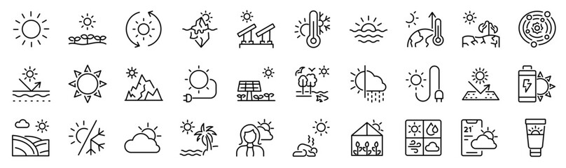 Set of 30 outline icons related to sun. Linear icon collection. Editable stroke. Vector illustration