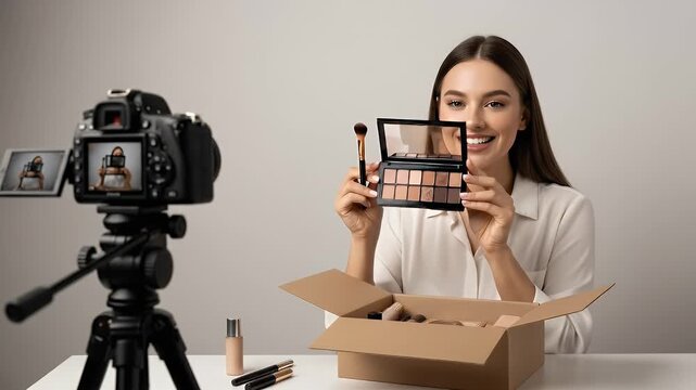 Young Woman Vlogging Makeup Tutorial with Camera and Open Box on White Table in Soft Studio Lighting