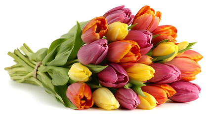Arrange vibrant tulip flowers neatly and isolate them on a white background 