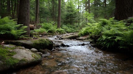 Fototapeta premium A gentle forest stream flows through a lush green woodland with mossy rocks and ferns