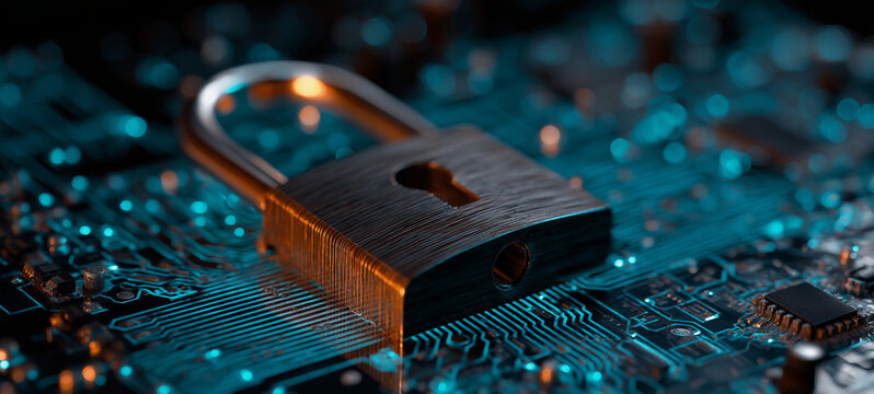 Cybersecurity Concept with Metal Padlock on Glowing Circuit Board &ndash; Data Protection and Digital Network Security Background