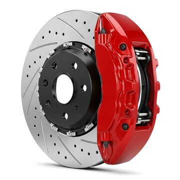 Red and silver car brake rotor and caliper isolated on white background