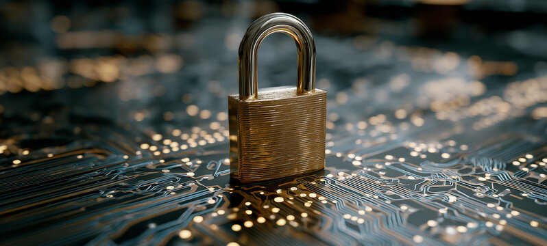 Cybersecurity Concept with Metal Padlock on Glowing Circuit Board &ndash; Data Protection and Digital Network Security Background