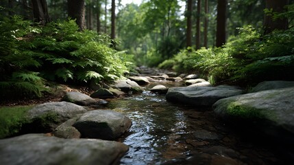 Naklejka premium A serene forest stream flows gently over mossy rocks through a lush sun d d woodland creating a peaceful natural scene