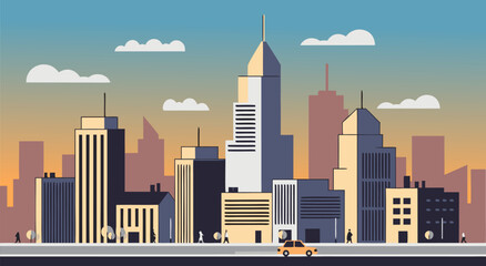 Obraz premium Modern cityscape vector illustration with skyscrapers and a car on a street at sunset