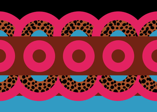 A repeating horizontal pattern of pink circles and leopard print arches is positioned between solid black and blue bands on a dark brown background.