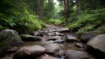 Fototapeta premium A forest path with a stream trickling over stones amidst lush greenery
