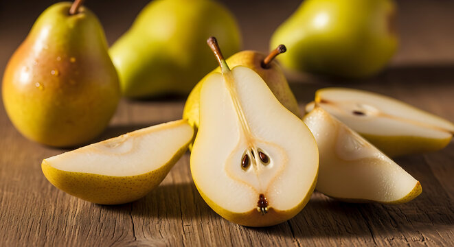 Pear Cut in Half on Wooden Surface