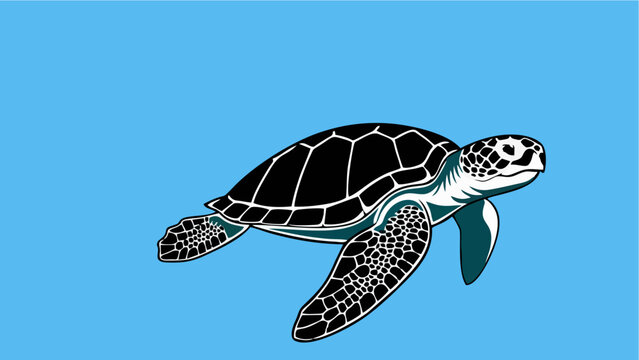 Striking Black and White Illustration of a Sea Turtle Swimming in Clear Blue Water