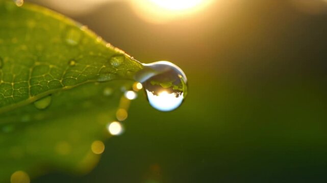 A single dewdrop clinging to the edge of a green leaf, reflecting the golden sunlight