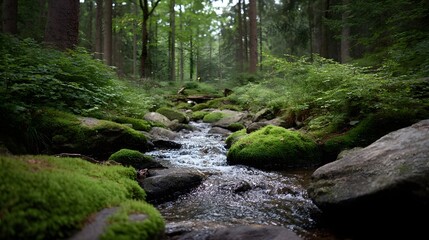 Obraz premium A tranquil forest stream flows over moss covered rocks in a serene woodland setting