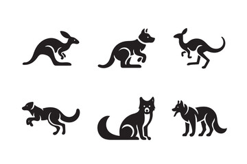 Obraz premium Modern Animal Silhouette Icon Set with Kangaroo and Dog Vector on White Background.