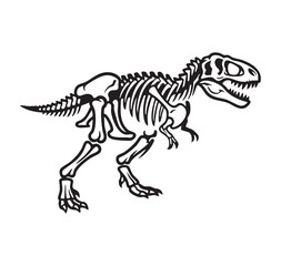 A detailed black and white illustration of a Tyrannosaurus Rex dinosaur skeleton showing bones and fossils for science and education. © Rimsha