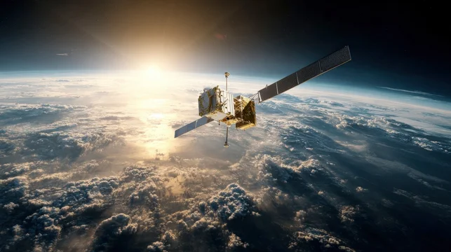 Massive orbital data center node connecting global internet networks against bright sun flare