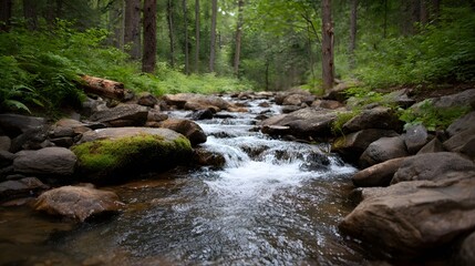 Obraz premium A serene woodland stream flows gently over moss covered rocks in a lush green forest