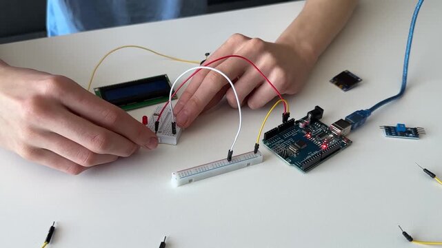 Close up of hands assembling a microcontroller development board with breadboard, LED and jumper wires on a desk, beginner electronics and programming project in progress.
