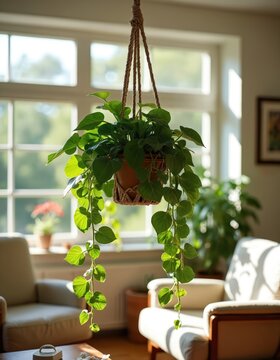 Green pathos plant hangs in bright room near large window. Sunlight streams in, illuminating rich foliage in macrame hanger. Cozy chairs and wooden floor create warm, inviting home interior ambiance.