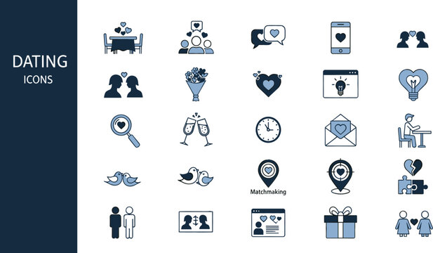 Romantic dating and relationship icon set featuring couples matchmaking online dating hearts dinner dates and love connection symbols