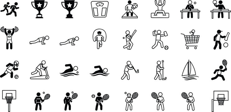 Comprehensive sports and fitness icon set featuring athletes gym workout equipment trophies team sports water activities and recreational competition symbols