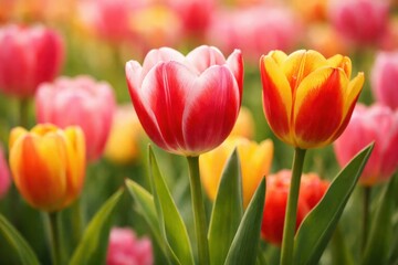 Fototapeta premium Field of colorful tulips with red and yellow flowers prominent in foreground outdoor garden