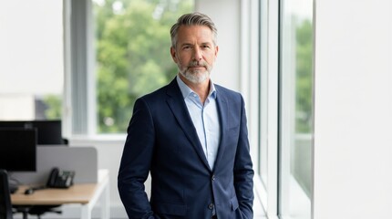 Fototapeta premium Mature business man standing confidently with hands in pockets in modern office by large window overlooking green trees desks computers chairs phones