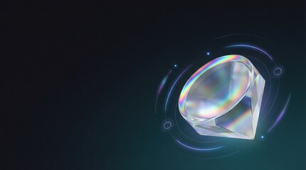 Close up macro photograph of a sparkling diamond gemstone with rainbow facets against a dark blue studio background