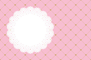 ハート入りキルティング風模様のパターン(ピンク＆ゴールド)に、白いレースのフレームを重ねた、ウエディングやバレンタイン等のグリーティングカード風のベクター背景素材