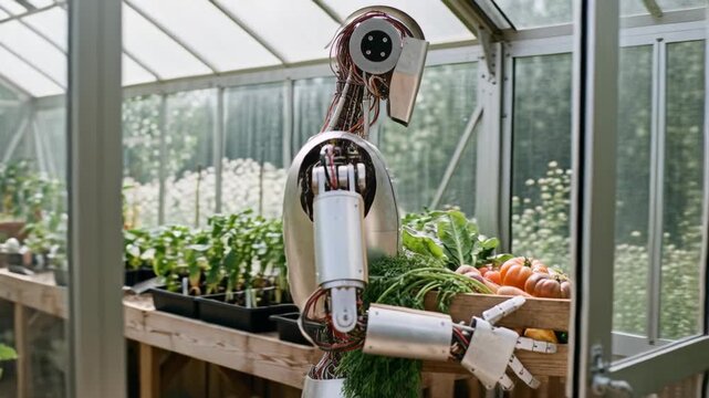 Humanoid agriculture robot greenhouse harvesting tomato crate produce leafy greens carrying fresh basil lettuce carrot pepper spinach efficient