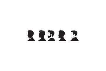 Naklejka premium Group of men's head silhouettes in profile showing different fashionable hairstyles and facial hair, black and white vector graphics for style inspiration