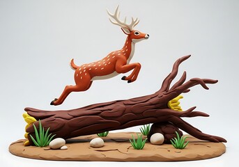 Fototapeta premium Ceramic Deer Figurine Jumping Over Log.