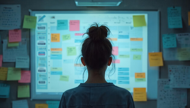 Woman with messy bun looks at cluttered digital calendar. Sticky notes cover board. Overlapping tasks overwhelm her. She feels stressed about deadline.