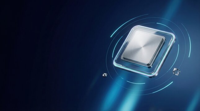 3D render of metallic square microchip on blue futuristic background with glowing rings