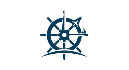 Nautical and travel logo featuring a ship wheel, compass needle, airplane, and sailboat icon.
