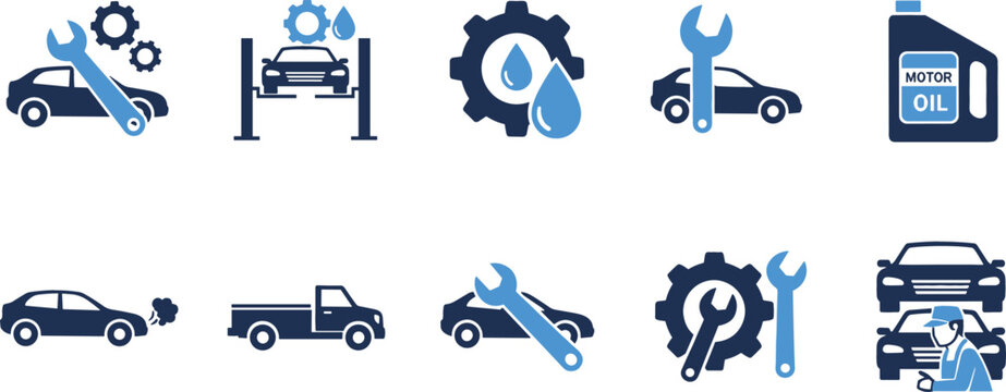 Car service and auto repair icon set featuring vehicle maintenance tools engine oil gears wrenches and professional mechanic garage equipment