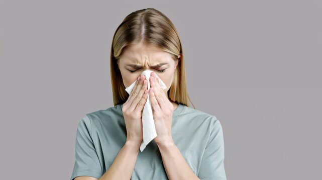 Young woman sneezing into tissue on light background, cold and flu season concept, respiratory infection, seasonal allergy symptoms and public health awareness