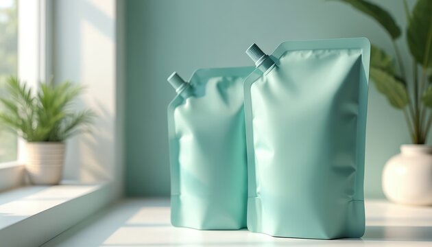 Two blank teal refill pouches sit on clean white surface. Potted green plant on left near window with sun light casting shadows. Another plant on right in white vase. Image ideal for displaying