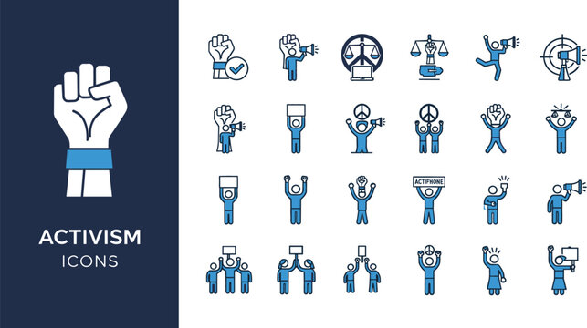 Activism and protest icon set featuring raised fist power megaphones peace symbols justice scales demonstrators holding placards for social movements